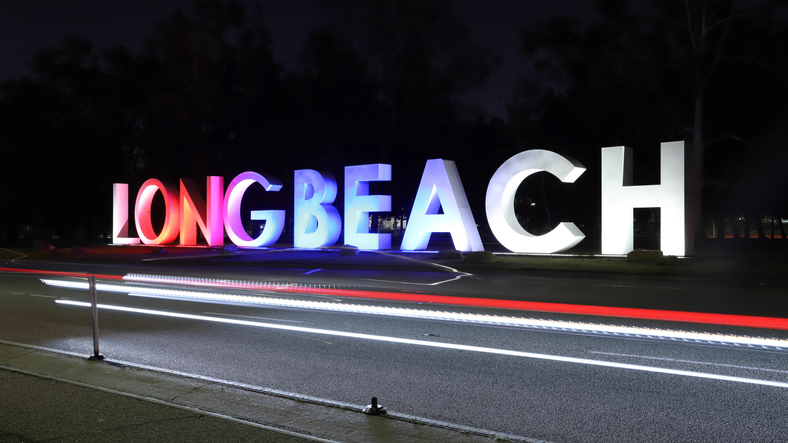 Long Beach California Public Welcome Sign at night