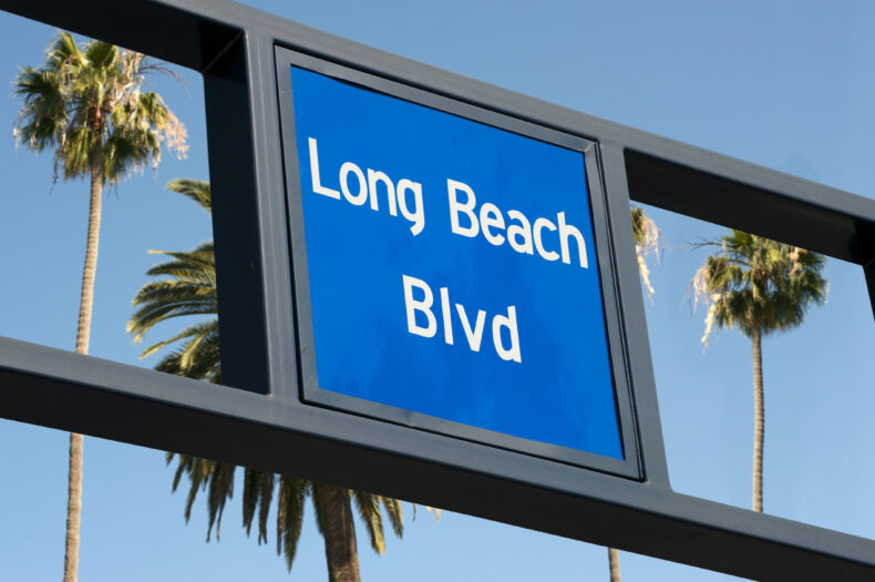 Street sign. Long Beach Boulevard. Clear sky and palm trees in the background.